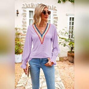 Eyelet Flounce Sleeve V-Neck Blouse.Hit The Like ♡ Button For SALE Price!!